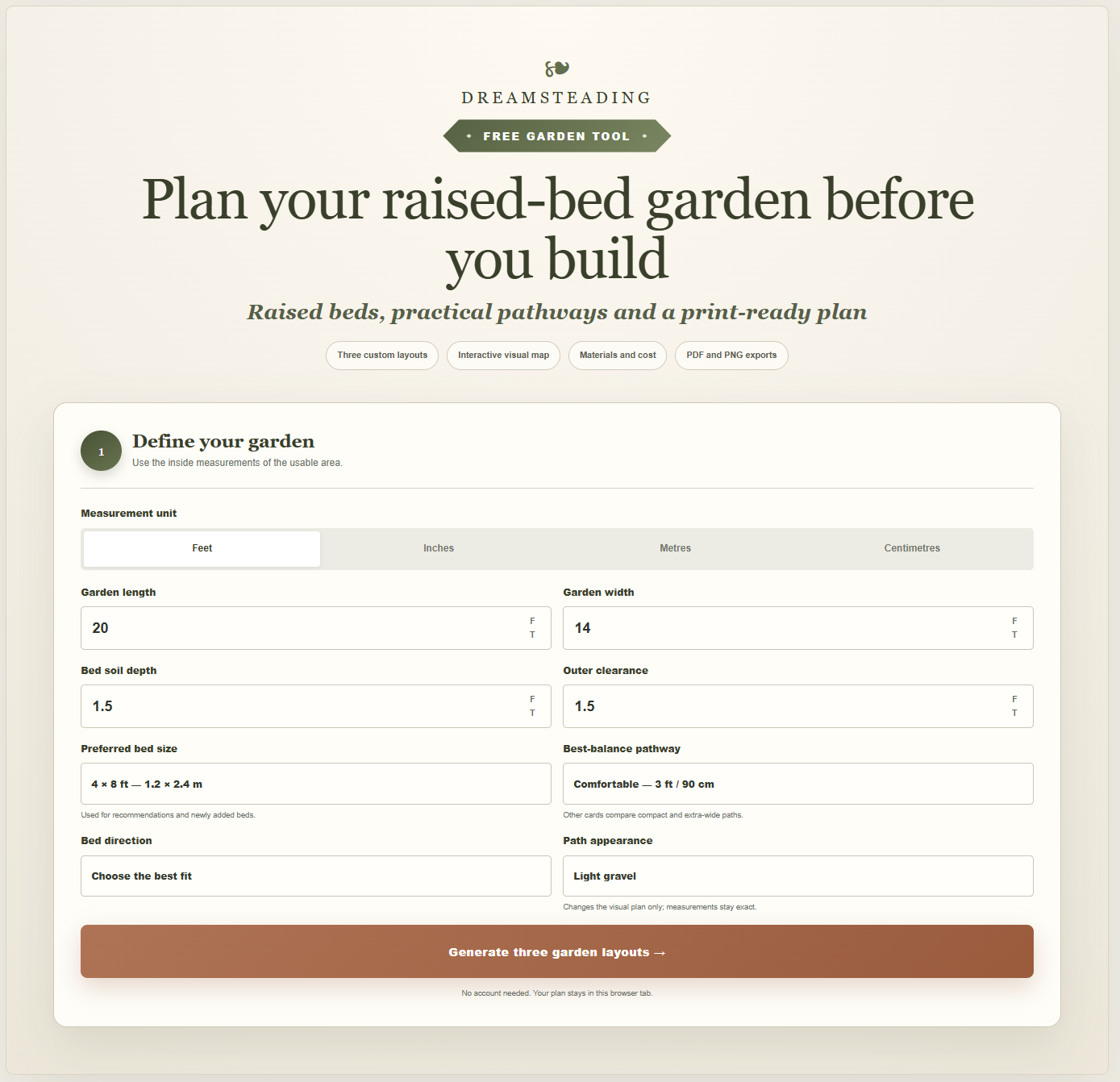 Garden planner input form for garden dimensions, bed size, pathways, and measurement units