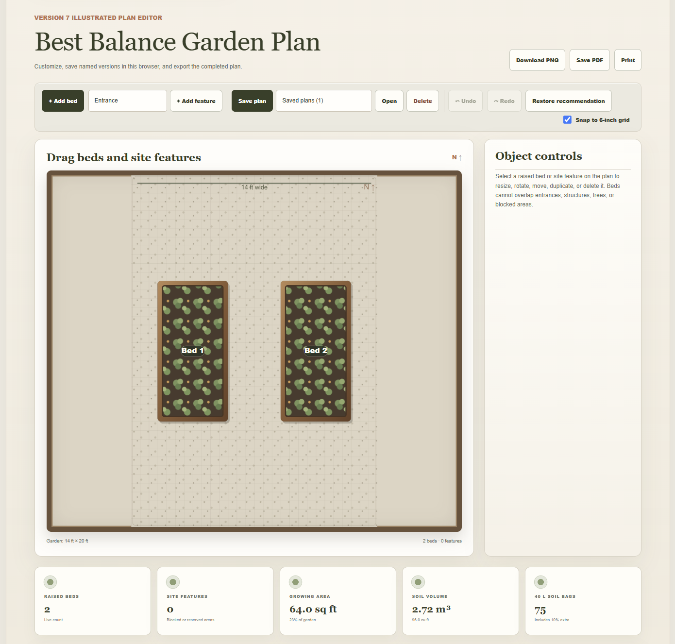 Dreamsteading raised garden bed planner interactive plan editor showing two beds on a measured garden grid