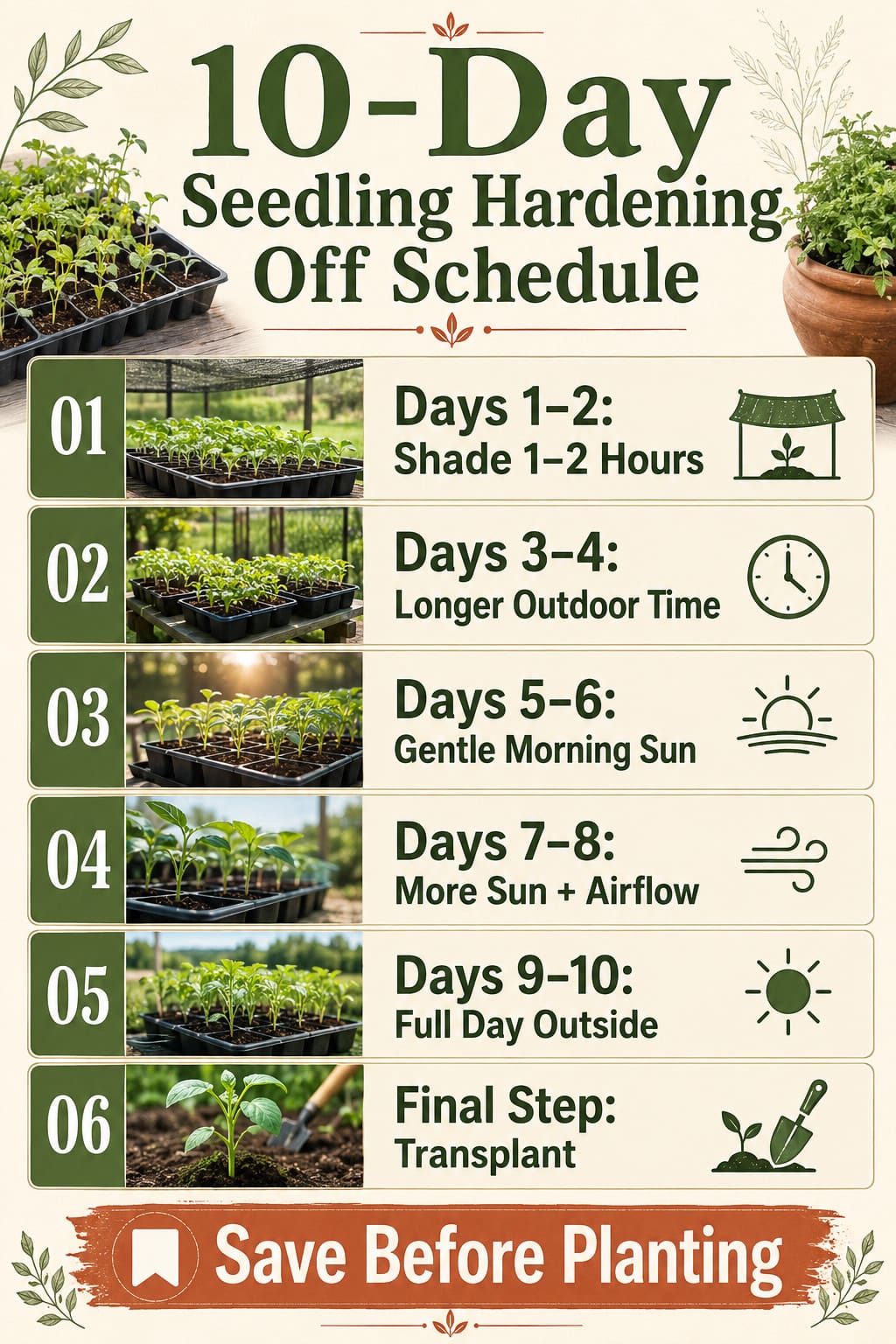 10-day seedling hardening off schedule infographic for beginner gardeners.