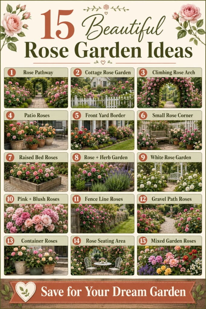Pinterest infographic listing 15 beautiful rose garden ideas for backyards, patios, arches, and small spaces.
