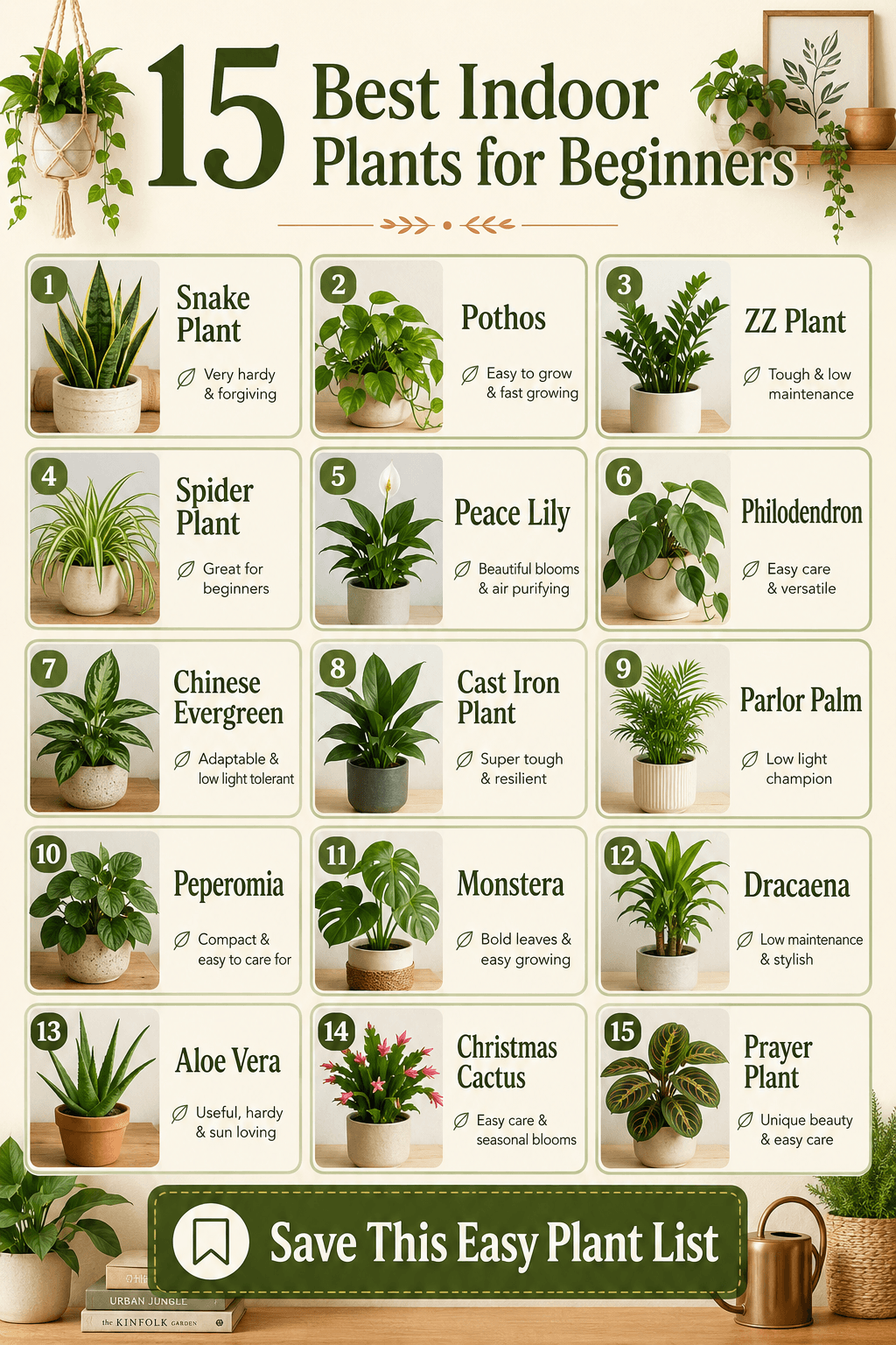 Pinterest infographic listing 15 best indoor plants for beginners and easy houseplants to grow indoors.