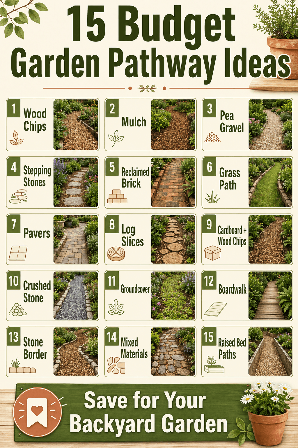 Pinterest infographic listing 15 budget garden pathway ideas for backyard gardens.
