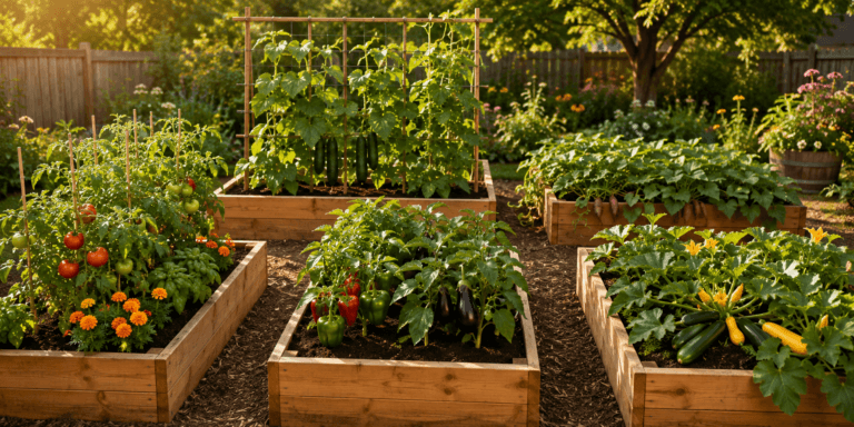 Five raised garden beds for summer planting with tomatoes, peppers, eggplants, cucumbers, beans, zucchini, squash, herbs, and flowers.