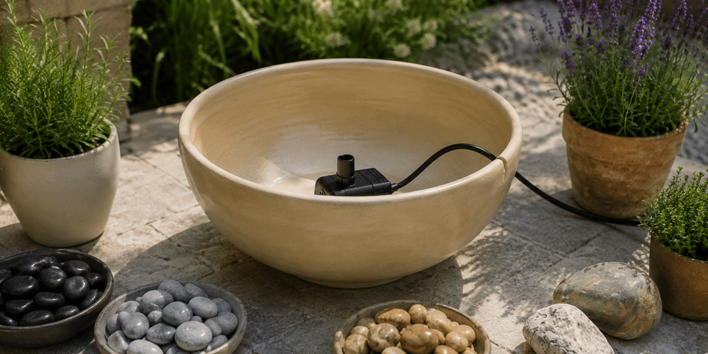 Adding a small submersible pump inside a ceramic bowl for a DIY small fountain project.