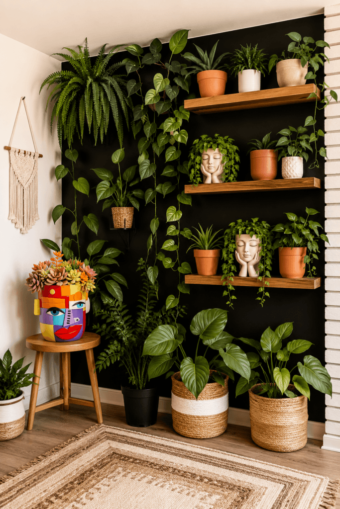 Aesthetic indoor plant shelf decor with trailing plants, face planter pots, terracotta pots, natural wood shelves, woven baskets, and a cozy boho living room corner.