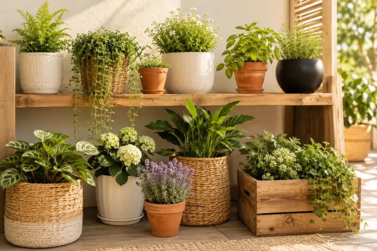 Aesthetic plant pot ideas with terracotta, ceramic, wooden, and woven planters arranged with herbs and houseplants.