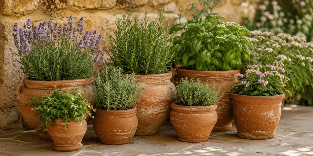 Aesthetic plant pot ideas with classic terracotta pots filled with rosemary, thyme, lavender, basil, and other herbs in a warm rustic garden setting.