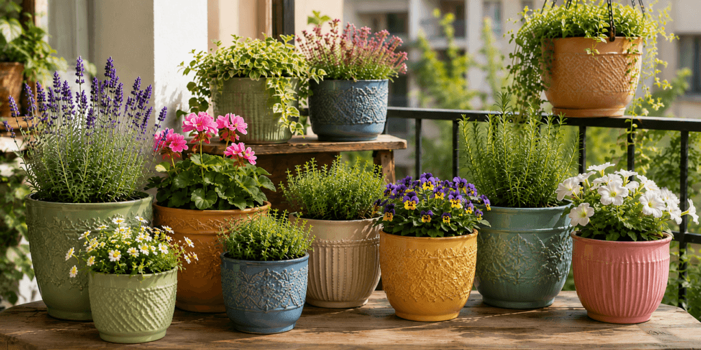 Aesthetic plant pot ideas with colorful accent pots in sage green, muted blue, dusty rose, terracotta, and warm yellow filled with flowers and herbs on a sunny balcony.