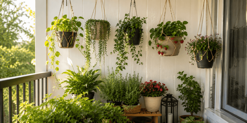 Aesthetic plant pot ideas with hanging plant pots filled with pothos, ivy, string of pearls, trailing herbs, strawberries, and flowers on a sunny balcony.