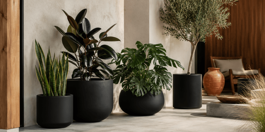 Aesthetic plant pot ideas with matte black plant pots holding snake plants, rubber plants, monstera, and an olive tree in a modern elegant space.