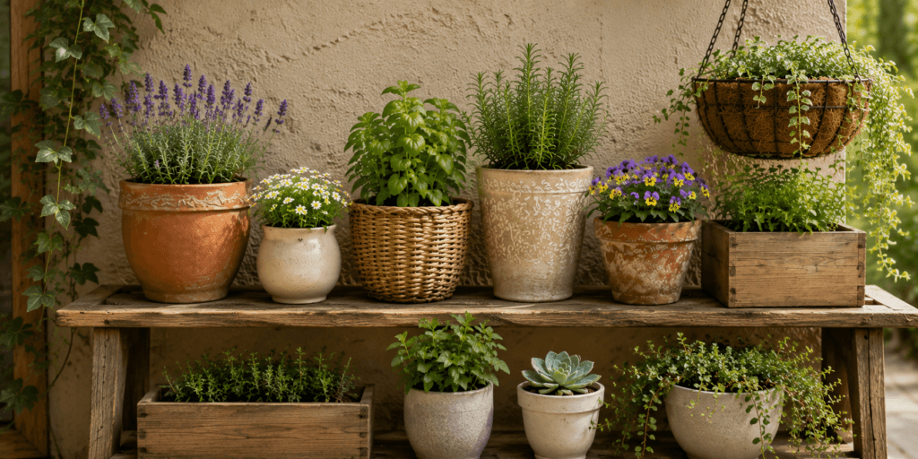 Aesthetic plant pot ideas with a mixed pot collection of terracotta, ceramic, woven basket, wooden box, and hanging planters styled on a sunny garden shelf.