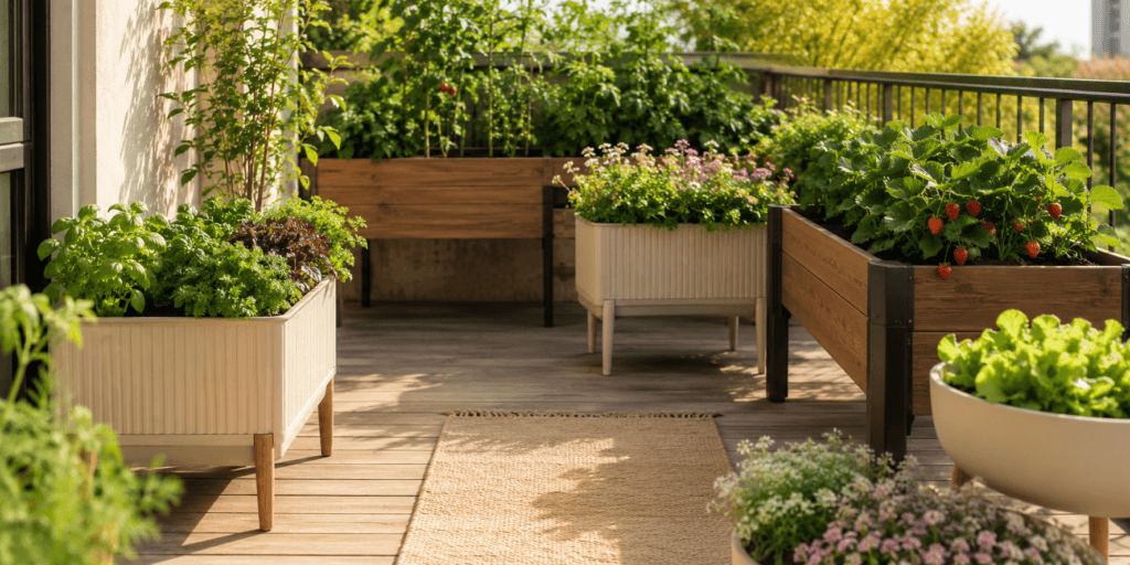 Aesthetic plant pot ideas with raised planter pots filled with herbs, lettuce, strawberries, flowers, and small vegetables on a sunny balcony patio.