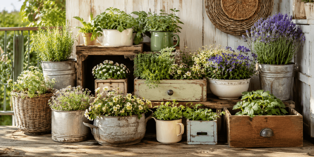 Aesthetic plant pot ideas with repurposed containers including crates, metal buckets, vintage bowls, baskets, mugs, and old drawers filled with herbs and flowers.