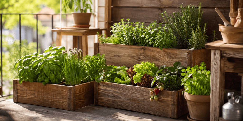 Aesthetic plant pot ideas with rustic wooden planter boxes filled with basil, parsley, thyme, chives, leafy greens, and strawberries on a warm balcony garden.