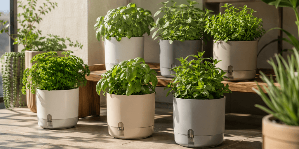 Aesthetic plant pot ideas with modern self-watering pots filled with basil, parsley, mint, and other fresh herbs on a sunny indoor shelf.