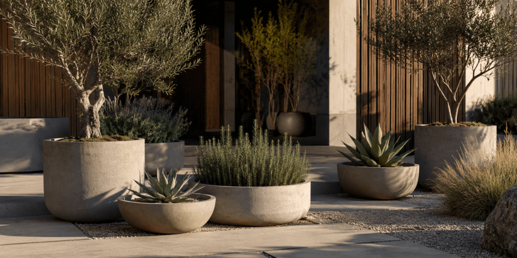 Aesthetic plant pot ideas with stone and concrete pots holding olive trees, rosemary, succulents, lavender, and ornamental grasses in a modern outdoor patio.
