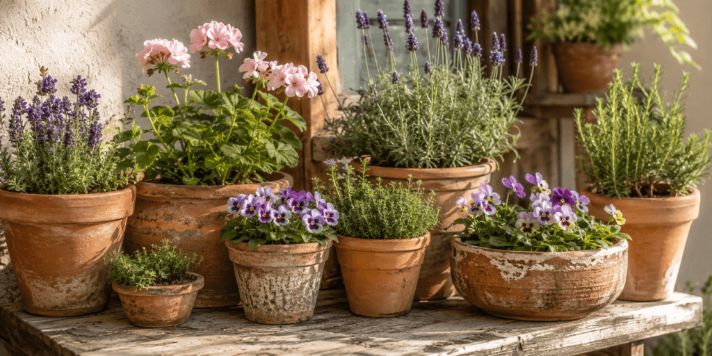 Aesthetic plant pot ideas with vintage clay pots filled with lavender, thyme, rosemary, geraniums, pansies, and small flowering plants on a rustic garden shelf.