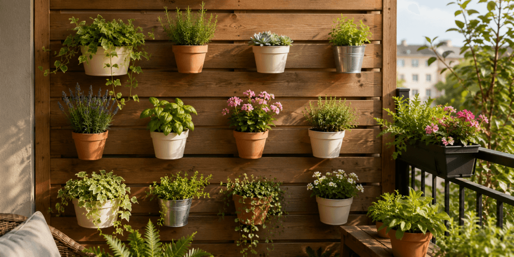 Aesthetic plant pot ideas with wall-mounted plant pots arranged on a wooden slat wall with herbs, succulents, flowers, and trailing plants for a small balcony garden.