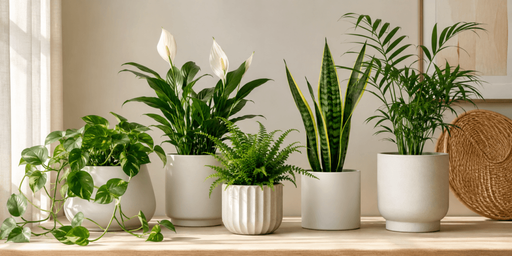 Aesthetic plant pot ideas with white ceramic pots styled indoors with pothos, peace lilies, snake plants, ferns, and palms in a bright minimal home.