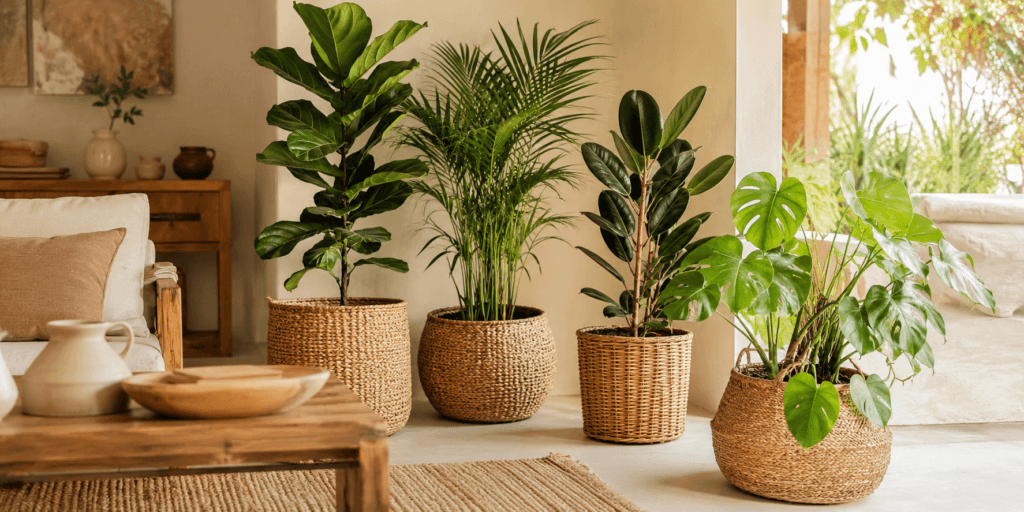 Aesthetic plant pot ideas with woven basket planters styled indoors with fiddle leaf fig, palm, rubber plant, and monstera in a cozy neutral living room.