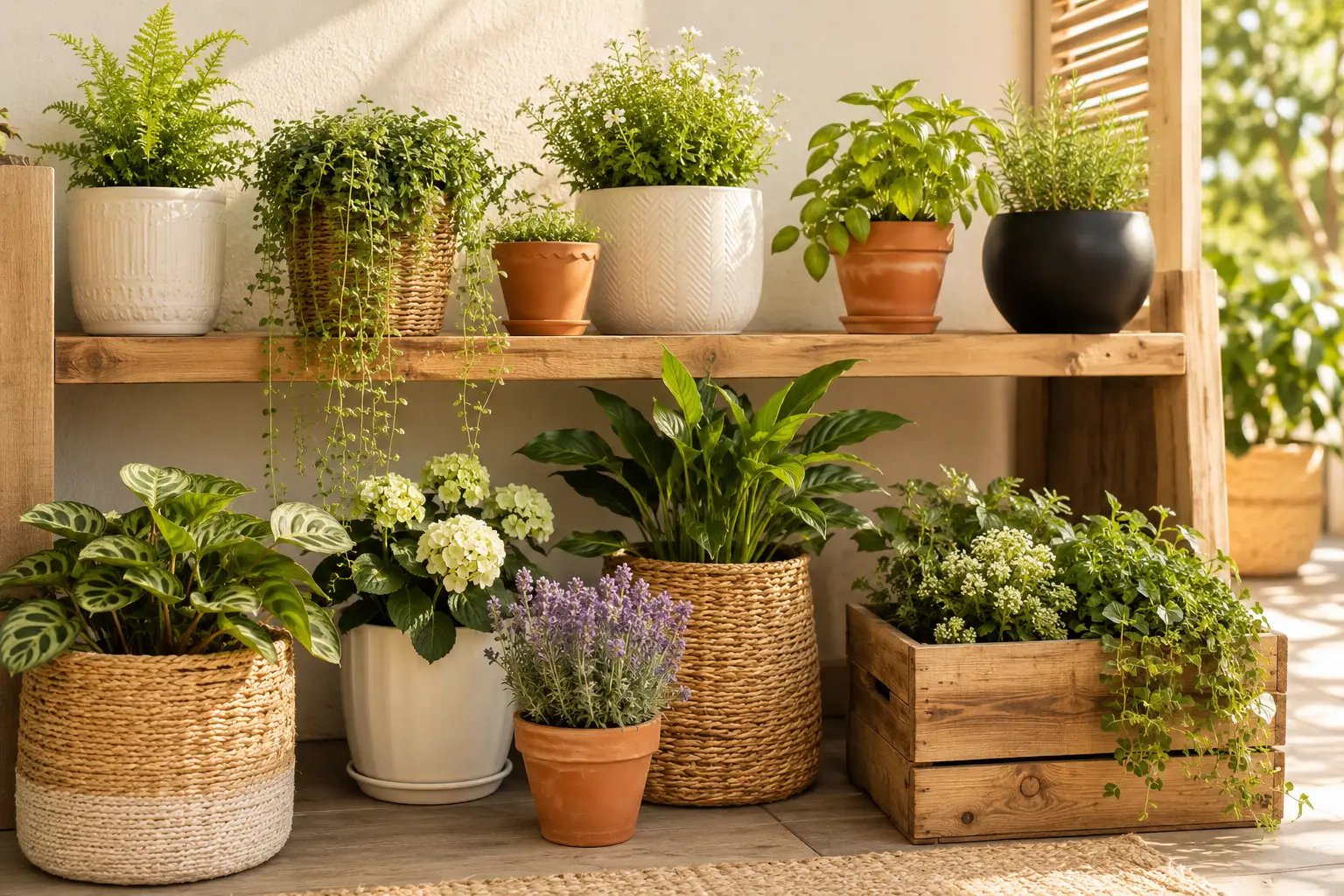 Aesthetic plant pot ideas with terracotta, ceramic, wooden, and woven planters arranged with herbs and houseplants.
