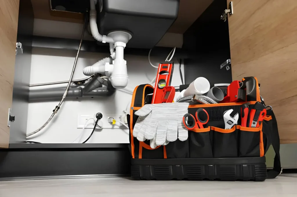 Compact household repair tool kit stored beneath an apartment kitchen sink, illustrating practical DIY maintenance skills for beginner apartment homesteading.