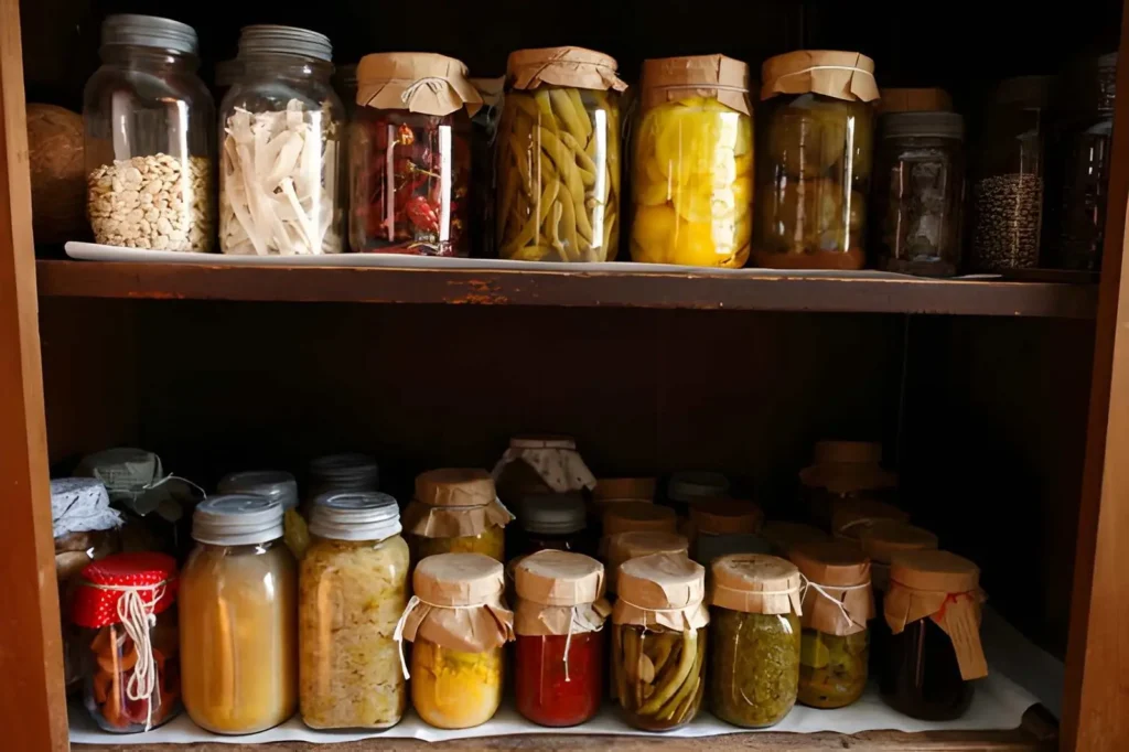 Shelves filled with jars of preserved vegetables, dried foods, and pantry staples for small-space apartment homesteading and food storage.