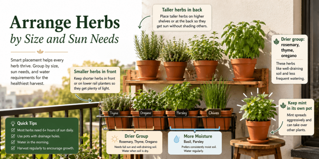 Balcony herb garden guide showing how to arrange herbs by size and sun needs, with taller rosemary and basil in the back, smaller thyme, oregano, parsley, and chives in front, and mint kept in its own pot.