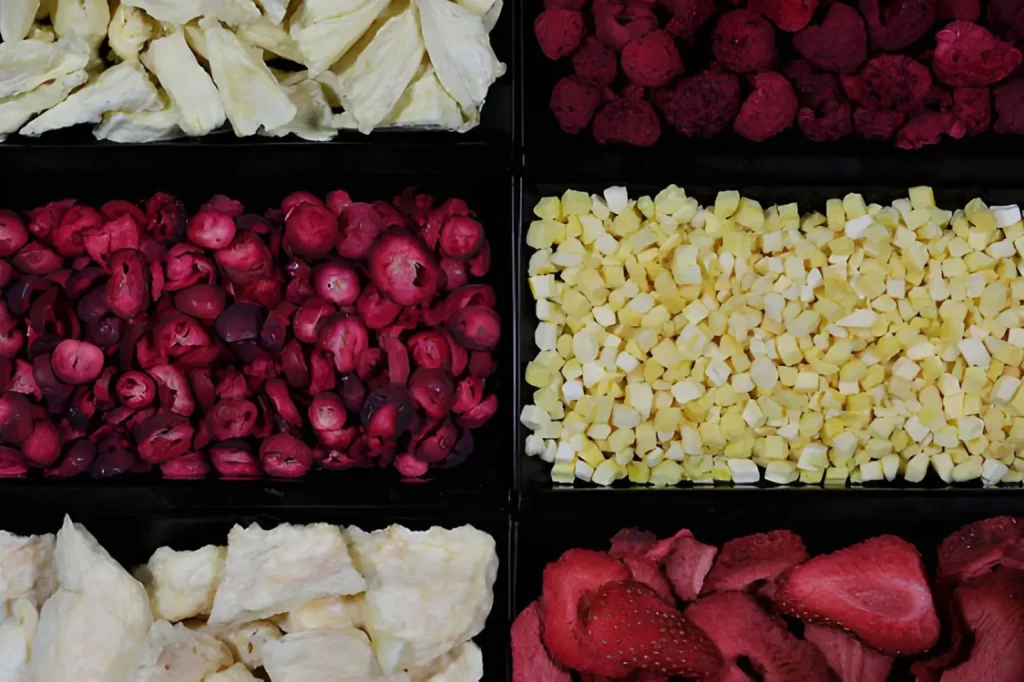 Assorted freeze-dried fruits arranged in black trays, including strawberries, red berries, pale fruit pieces, and small yellow fruit cubes.