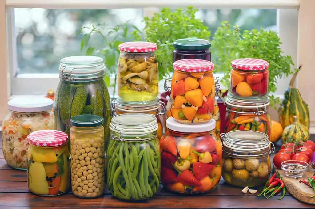 Assorted glass jars filled with home-preserved vegetables, including cucumbers, green beans, peppers, chickpeas, mushrooms, and mixed pickled produce on a kitchen counter.