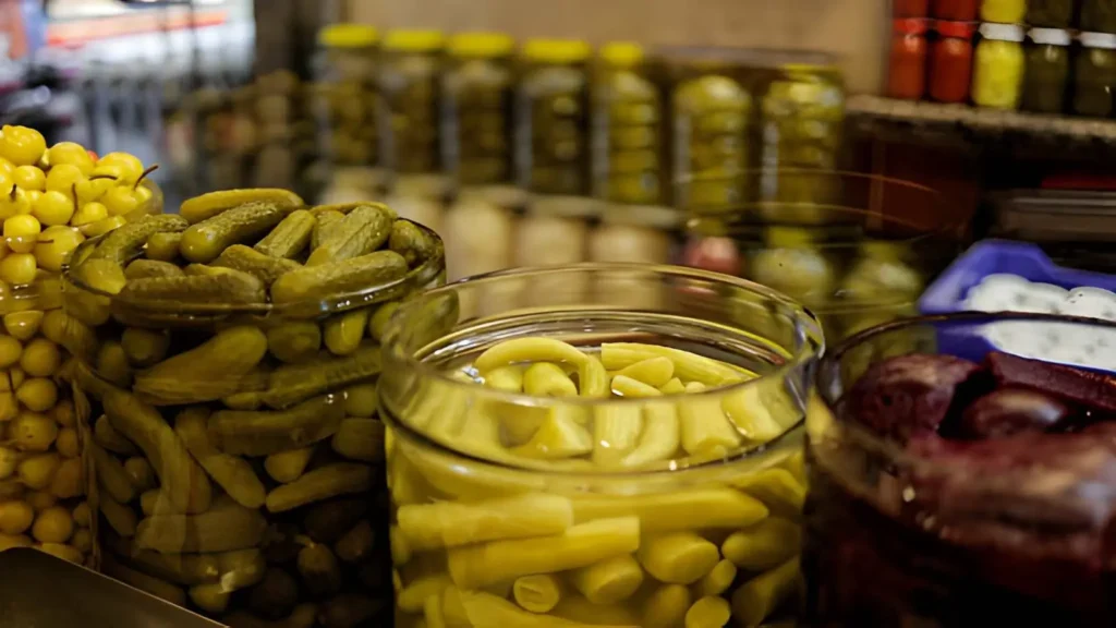 Assorted pickled vegetables in open glass jars, including cucumbers, peppers, garlic, and beets, displayed in a traditional preserved-food shop.