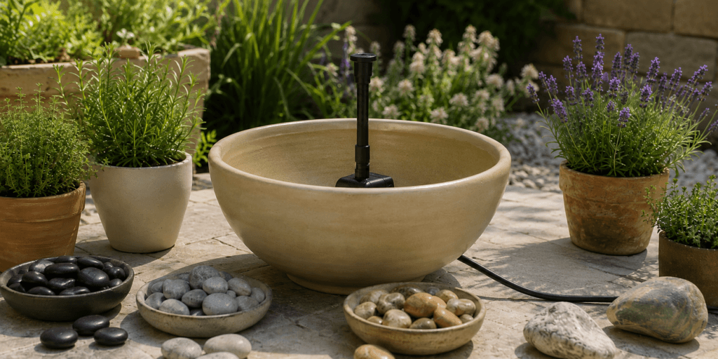 Attaching a fountain tube to a small submersible pump inside a ceramic bowl fountain.