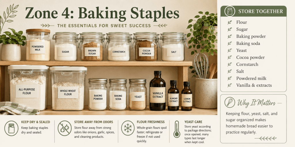 Baking staples pantry zone infographic showing flour, sugar, baking powder, baking soda, yeast, cocoa powder, cornstarch, salt, powdered milk, vanilla extracts, airtight containers, dry storage tips, flour freshness guidance, and yeast care for homemade bread beginners.