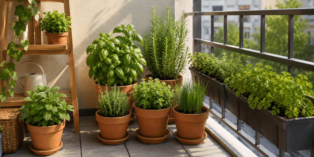 Balcony herb garden ideas showing basil, mint, rosemary, thyme, oregano, parsley, and chives growing in terracotta pots and railing planters on a sunny apartment balcony.
