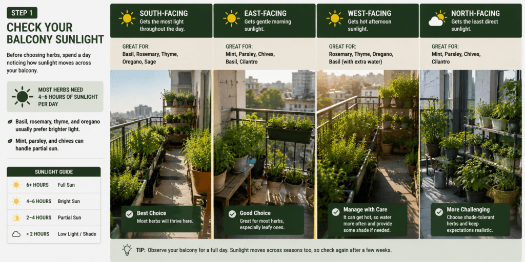 Balcony herb garden sunlight guide showing south-facing, east-facing, west-facing, and north-facing balcony setups with herbs like basil, rosemary, thyme, oregano, mint, parsley, and chives.
