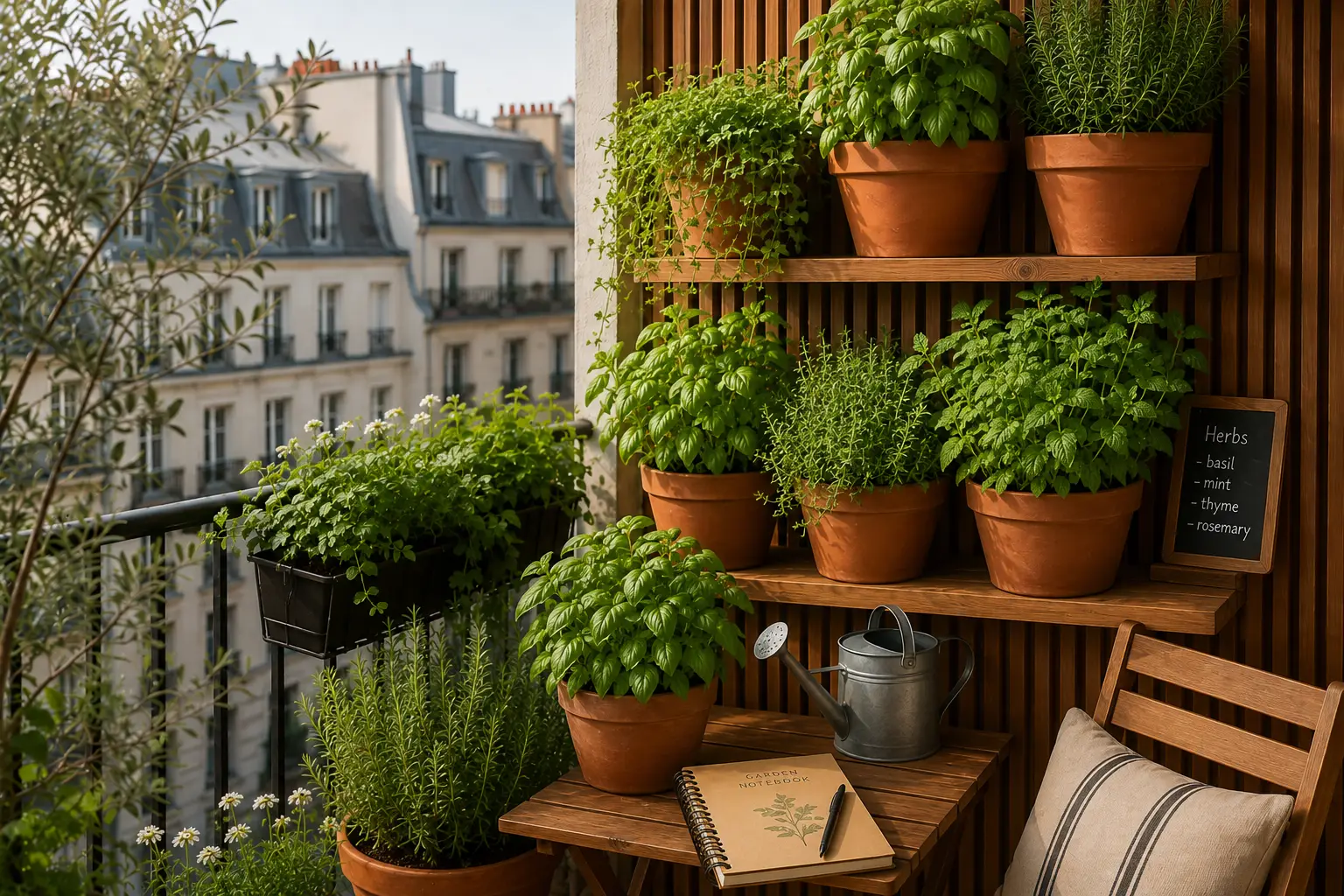 Balcony herb garden with basil, mint, rosemary, thyme, parsley, and oregano growing in pots on wooden shelves