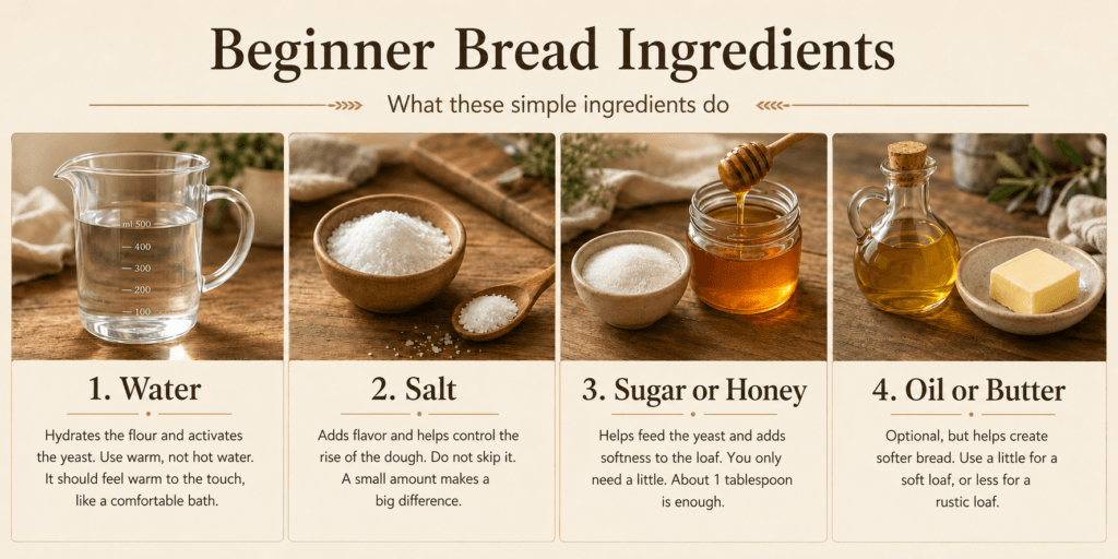 Beginner bread ingredients guide showing water, salt, sugar or honey, and oil or butter with explanations for homemade bread making.