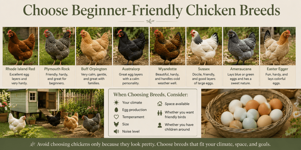 Beginner-friendly chicken breeds infographic showing Rhode Island Red, Plymouth Rock, Buff Orpington, Australorp, Wyandotte, Sussex, Ameraucana, and Easter Egger hens with tips for choosing breeds by climate, egg production, temperament, size, noise level, space, and family friendliness.
