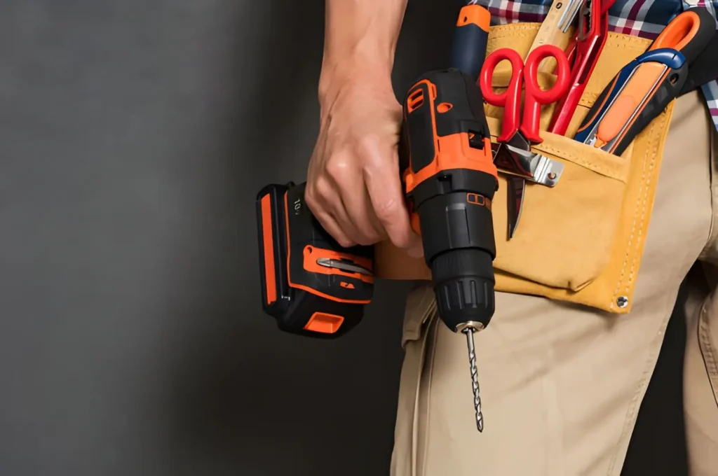 Person holding a cordless drill and wearing a tool belt filled with basic hand tools for beginner homesteading repairs and DIY projects.