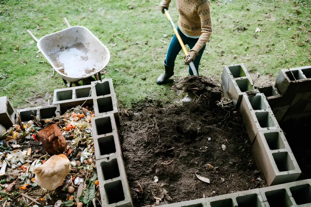 Beginner homesteader turning a compost pile made from kitchen scraps and garden waste beside a wheelbarrow and simple block compost bins.