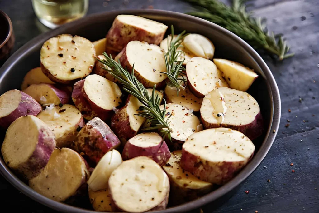 Bowl of freshly cut sweet potatoes seasoned with rosemary and garlic, illustrating beginner homesteading skills such as preparing and cooking homegrown food.