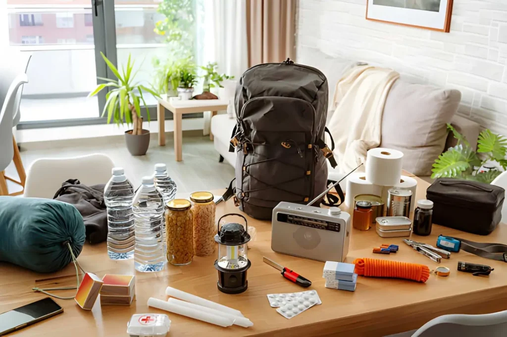 Emergency preparedness supplies arranged on a table, including water, food, lantern, radio, first-aid items, sleeping bag, tools, and a packed backpack for beginner homesteaders.