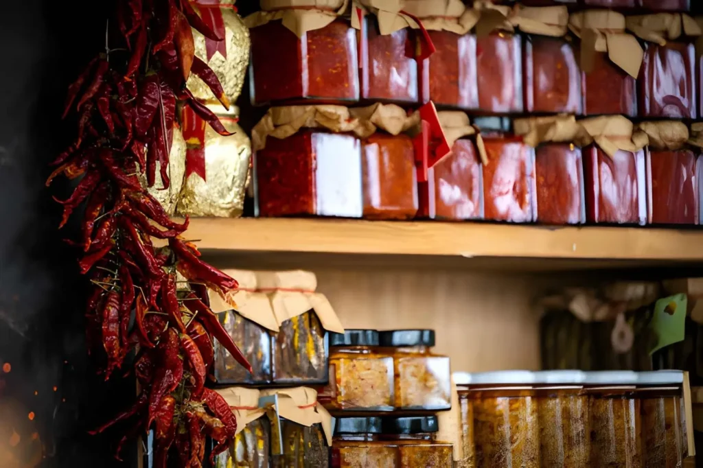 Shelves filled with homemade preserves and dried red peppers, illustrating beginner homesteading skills such as canning, drying, and storing food.