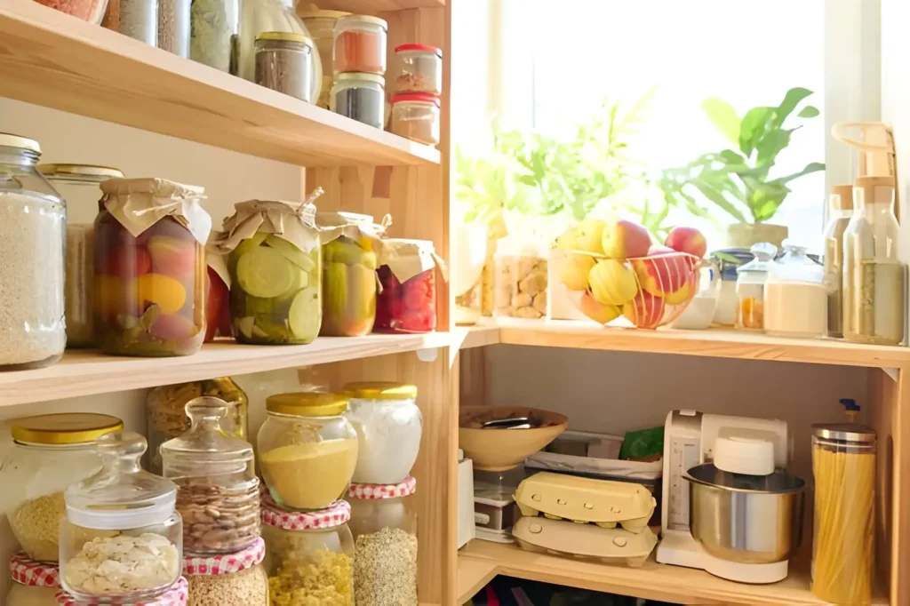 Bright homestead pantry with jars of preserved vegetables, dry goods, fresh produce, eggs, and kitchen equipment for beginner food storage and self-sufficient living.