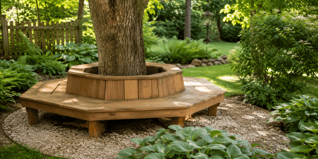 Bench around a tree garden ideas showing a wooden wraparound tree bench with a gravel ring, hostas, ferns, shade plants, and soft greenery in a peaceful backyard garden.