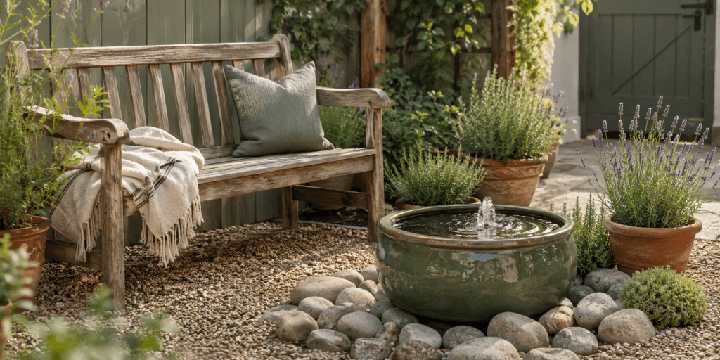 Bench beside a small fountain garden ideas showing a rustic wooden bench near a ceramic bowl fountain with smooth stones, gravel, lavender, thyme, terracotta pots, and a peaceful backyard seating area.