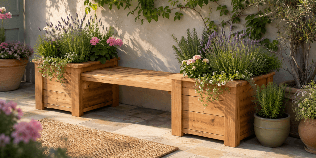 Bench with built-in planters ideas showing a wooden garden bench between two planter boxes filled with lavender, rosemary, thyme, chives, geraniums, and trailing flowers on a cozy patio.