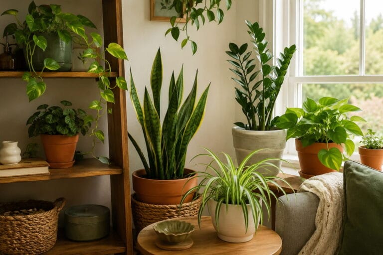 Beautiful beginner-friendly indoor plants styled in a cozy home with natural wood shelves and warm light.