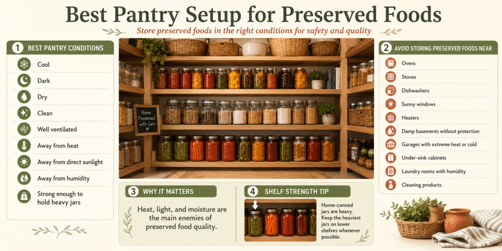 Best pantry setup for preserved foods infographic showing cool, dark, dry, clean, well-ventilated pantry storage, places to avoid, and shelf strength tips for heavy home-canned jars.