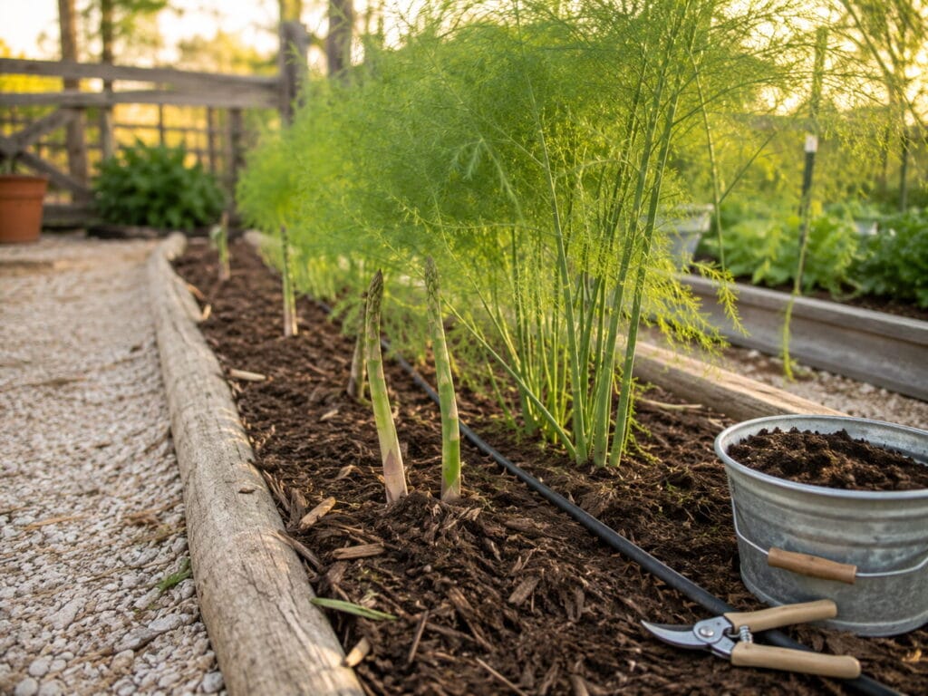 Fresh asparagus spears growing in a permanent garden bed near a wooden fence with raised vegetable beds, mulch, and soft spring sunlight.